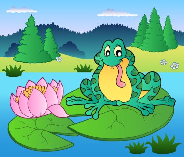 Cute frog sitting on water lily - vector illustration. clipart