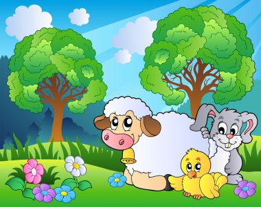 Meadow with spring animals clipart