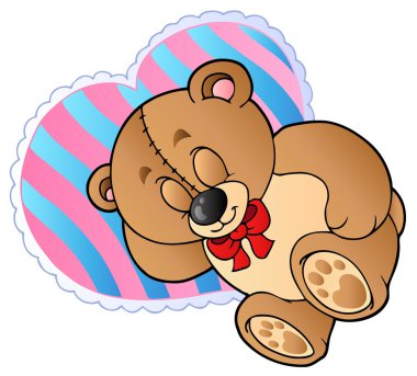 Teddy bear on heart shaped pillow - vector illustration. clipart