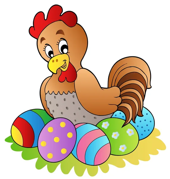 Карикатурная курица с пасхальными яйцами — стоковый вектор