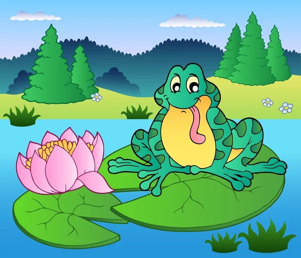 坐在睡莲上的可爱青蛙 病媒图解 — 图库矢量图片