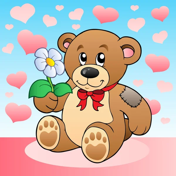 Teddy bear with flower and hearts — Stock Vector