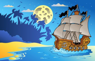 Old vessel at night near beach clipart