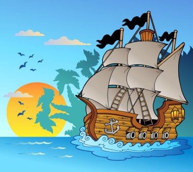 Old vessel with island silhouette clipart