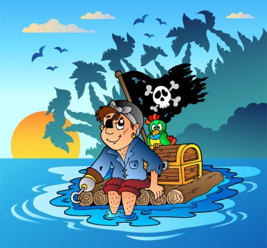Pirate sailing on wooden raft clipart