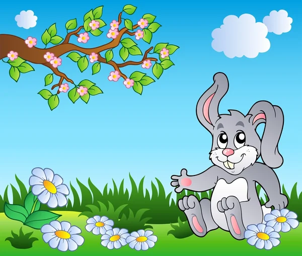 雏菊与草地上的兔子 — 图库矢量图片