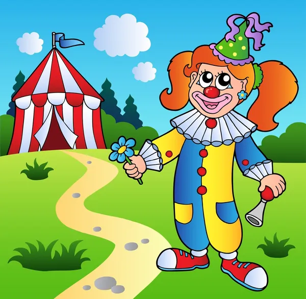 Cartoon clown girl with circus tent — Stock Vector