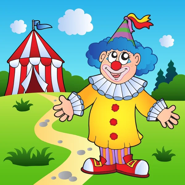 Clown de bande dessinée avec tente de cirque — Image vectorielle