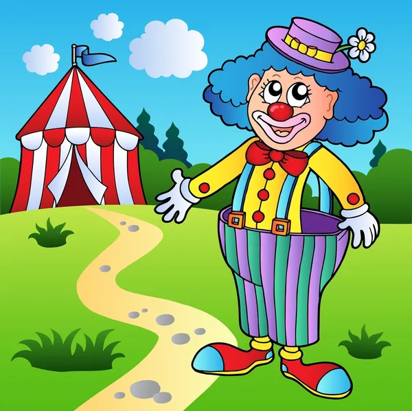 Clown i stora byxor med cirkustält — Stock vektor
