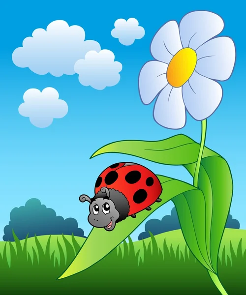 Niedlicher Marienkäfer mit Blume — Stockvektor
