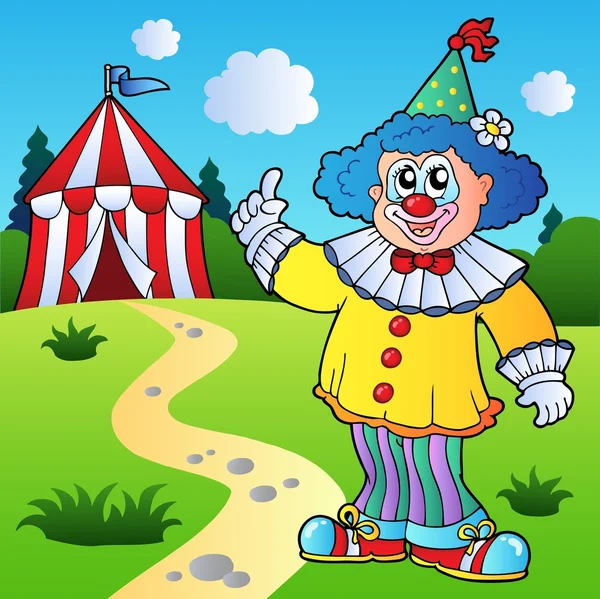 Funny clown with circus tent — Stock Vector