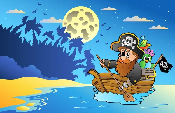 Natt marinmålning med pirat i båt — Stock vektor