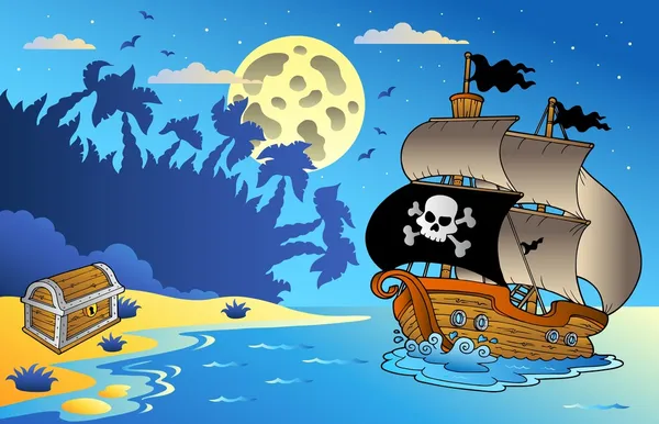 Ночной пейзаж с пиратским кораблем 1 — стоковый вектор