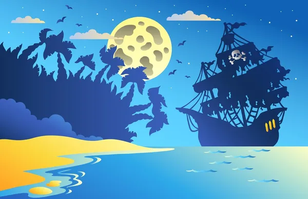 Paisaje marino nocturno con barco pirata 2 — Vector de stock