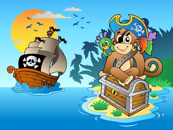 Mono pirata y cofre en la isla — Vector de stock