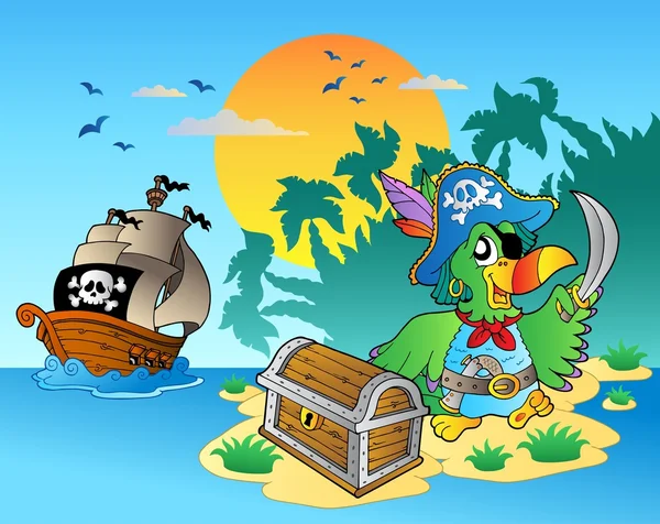 Pirate parrot and chest on island — Stock Vector