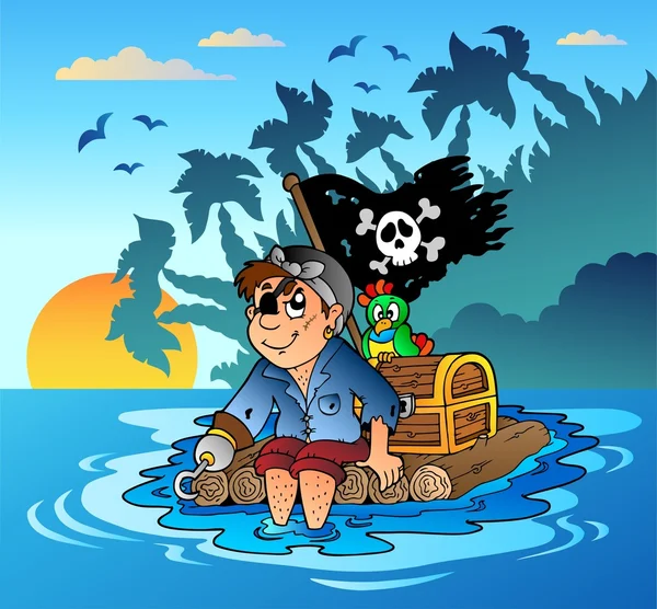 Pirata navegando en balsa de madera — Vector de stock