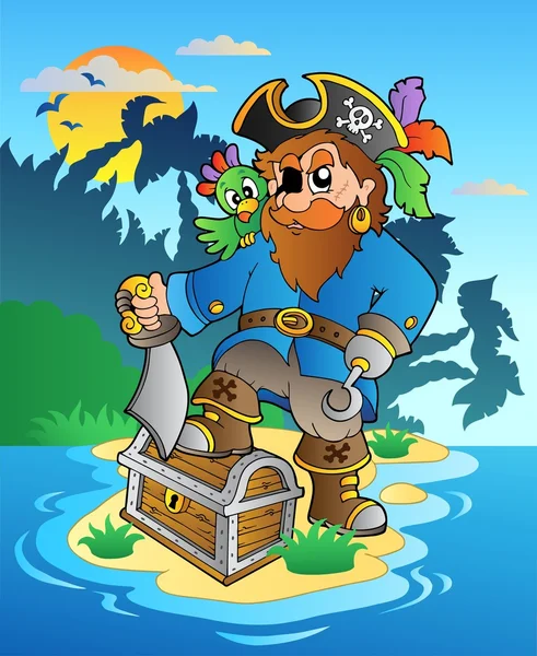Пират стоит на сундуке на острове — стоковый вектор