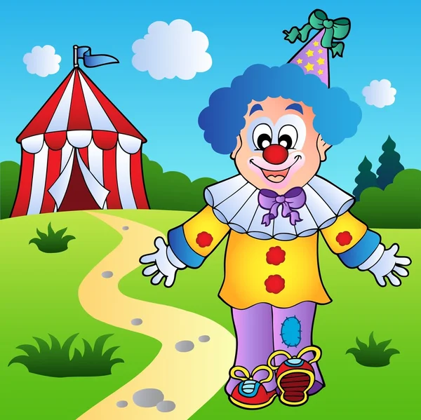 Lachende clown met circustent — Stockvector