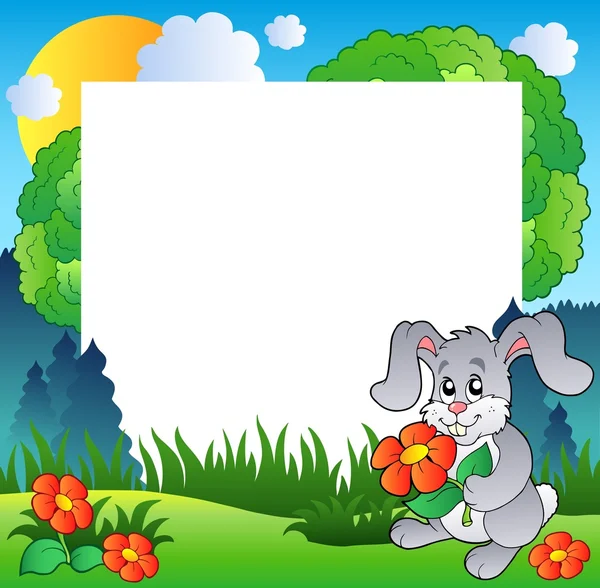 Весняна рамка з кроликом і квітами — стоковий вектор