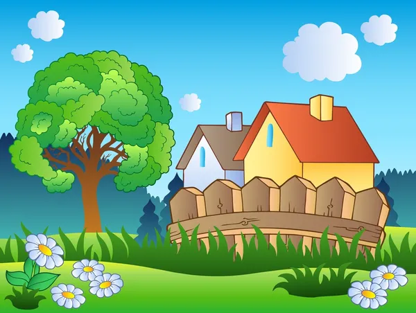 Весенний пейзаж с двумя домами — стоковый вектор