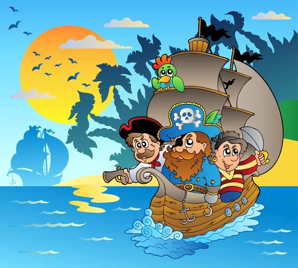 Three pirates in boat near island — Stock Vector