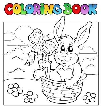 Coloring book with bunny in basket clipart