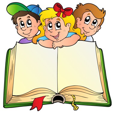 Three children with opened book clipart