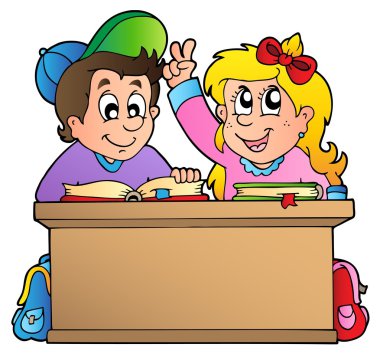 Two children at school desk clipart