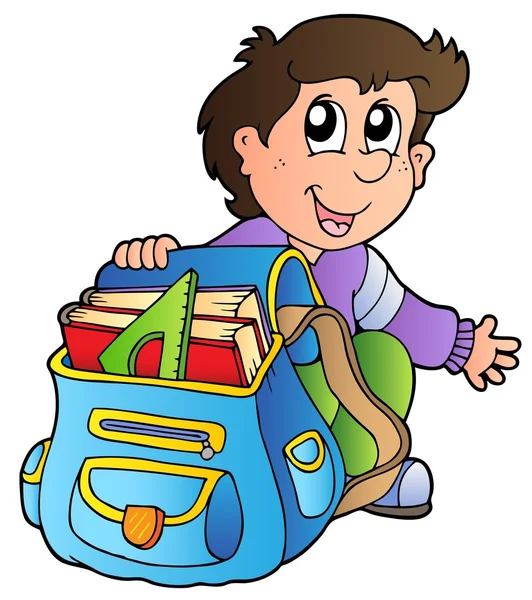 Menino dos desenhos animados com saco escolar —  Vetores de Stock