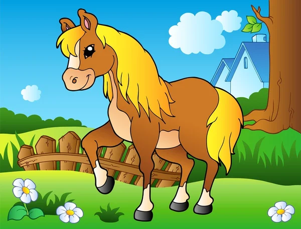 漫画春の牧草地の馬 — ストックベクタ