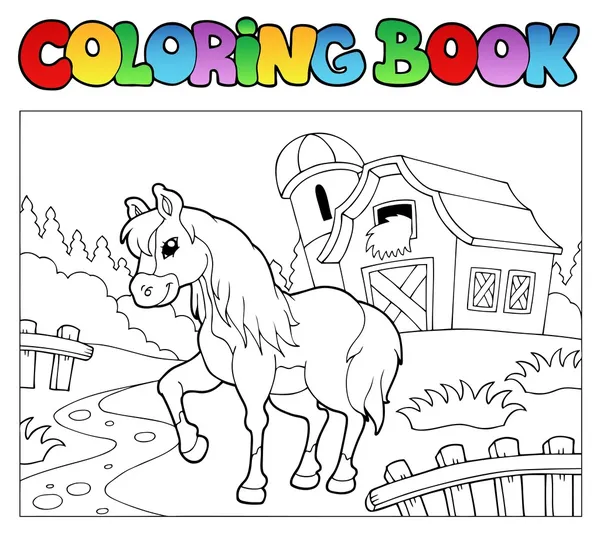 Libro para colorear con granja y caballo — Vector de stock