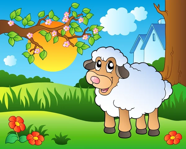 Cute sheep on spring meadow — Stock Vector