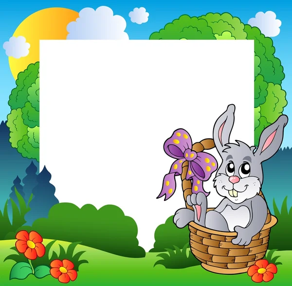 Cornice di Pasqua con coniglietto nel cestino — Vettoriale Stock