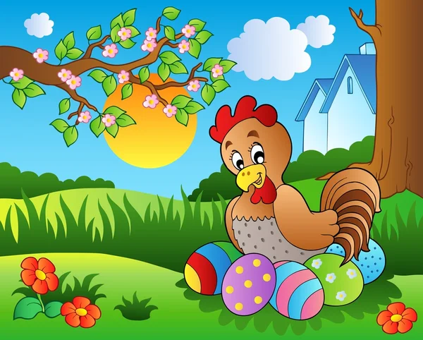 Meadow with hen and Easter eggs — Stock Vector