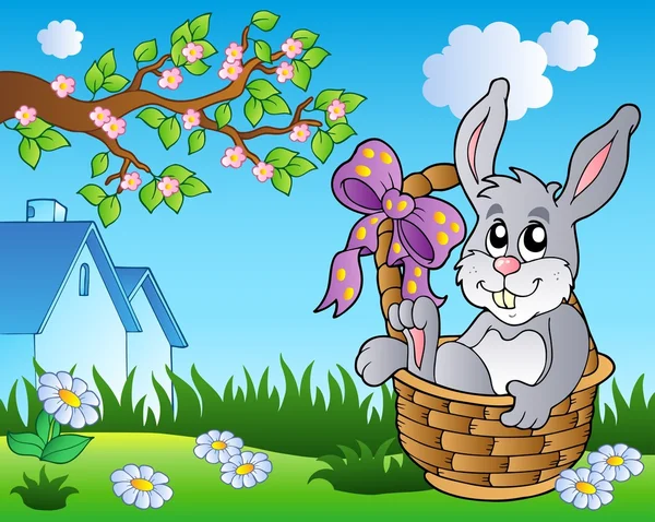 Весенний луг с кроликом в корзине — стоковый вектор