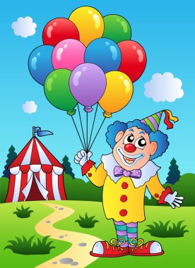 Clown with balloons near tent clipart