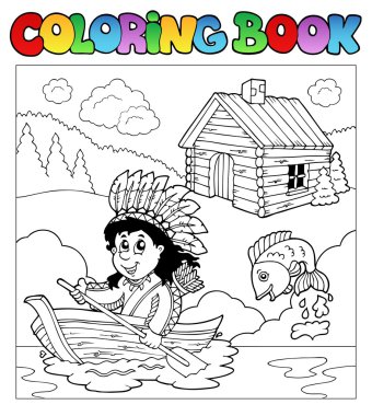 Coloring book with Indian in boat clipart