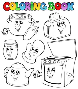 Coloring book with kitchen cartoons clipart