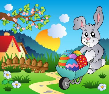 Meadow with bunny and wheelbarrow clipart