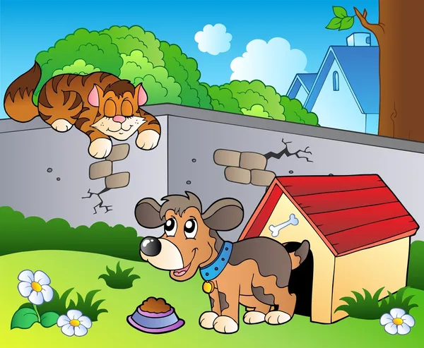 Cortile con gatto e cane dei cartoni animati — Vettoriale Stock