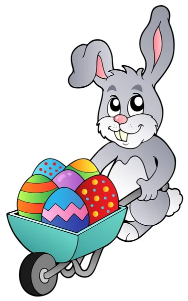 Bunny holding wheelbarrow with eggs — Stock Vector