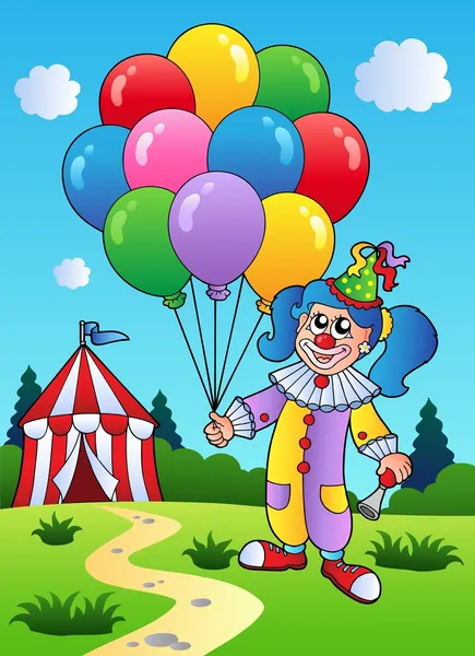 Клоун с воздушными шарами возле палатки — стоковый вектор