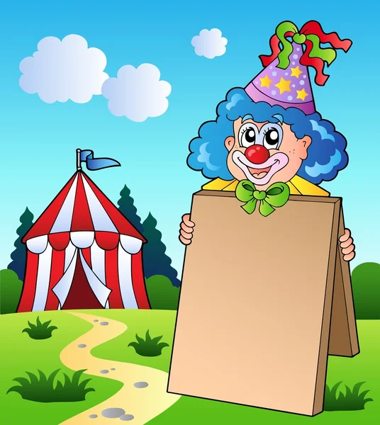 Clown holding board near tent — Stock Vector