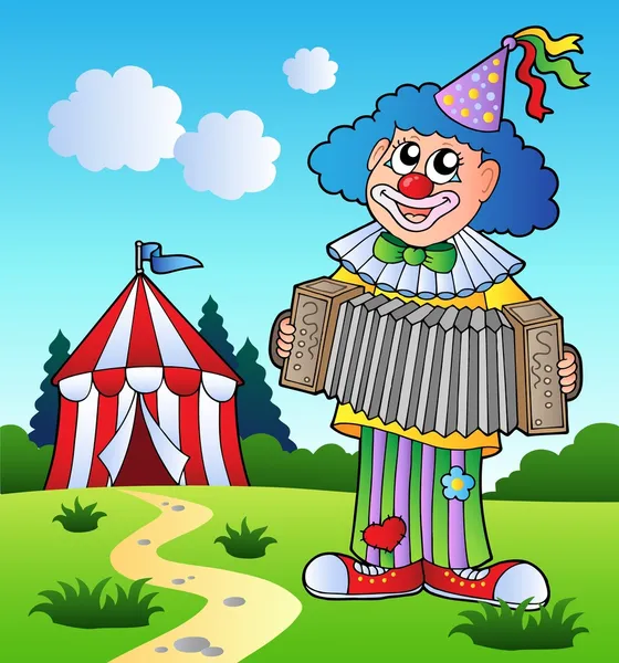 Clown playing accordion near tent — Stock Vector