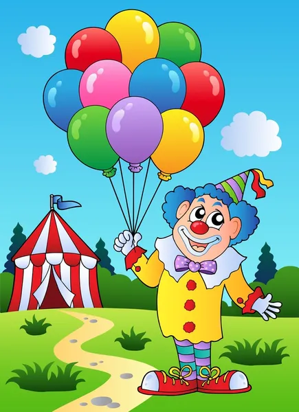 Palhaço com balões perto da tenda —  Vetores de Stock