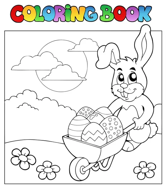 Libro para colorear con conejito y carretilla — Vector de stock