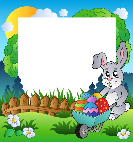 Cadre de Pâques avec lapin et brouette — Image vectorielle