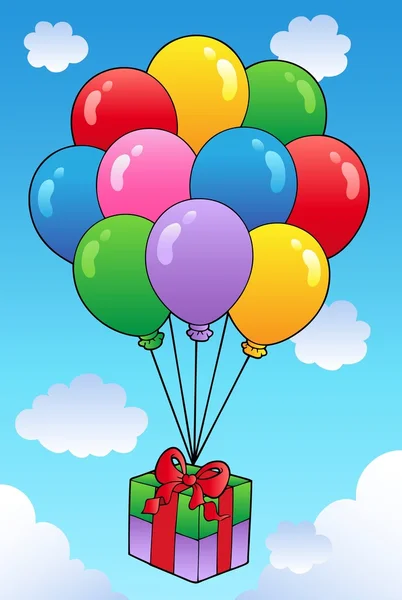 Regalo flotante con globos de dibujos animados — Vector de stock
