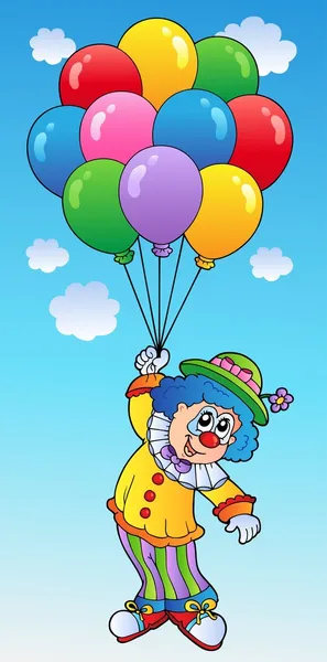 Palhaço voador com balões de desenhos animados —  Vetores de Stock